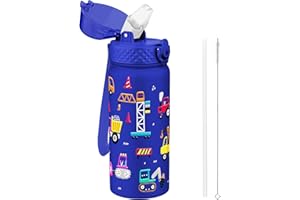 GOPPUS 550ml/18oz Kids Insulated Water Bottle with Straw Cute Double Wall Stainless Steel Child's Small Flask Vacuum Insulated Steel Metal Leak Proof Drink Flask Boys Toddler Girls Flask BPA-Free