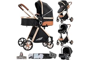 Prokoke Kinderwagen 3 in 1, Buggy mit Umkehrbarem Zwei-Wege-Schub, Kinderwagen Rahmen Aluminiumlegierung, Kombikinderwagen 3 in 1 Einem Klick Faltbar Baby Kleinkind Neugeborene (225 Black)