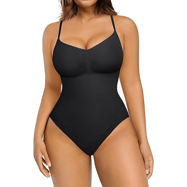 YIANNA Figuurcorrigerende bodysuit voor dames, naadloze shapewear met verstevigde buikzone, lage halslijn, stringmodel, S-M