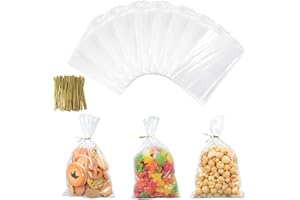 AiQInu 200 Pièces Sachet Transparent avec Cravates, 25 x 15 cm pour Bonbons et Confiserie, Sac Cadeau OPP pour Anniversaires des Enfants