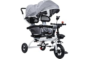 CUKOEKIM Tandem Kids Tricycle, Baby Push Trike for 2-8 Years Old Kid, with Double Seat ＆ Canopy, Shockproof Rubber Wheel, Toddler First Trike for Exercise, Cycling and Outdoor Play (Include Bell and Mirror)