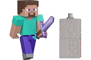 Mattel Minecraft leksaker, Steve actionfigur och tillbehör | Steve-figur med tillbehör och redstone-byggdel, samlarset inspirerat av tv-spelet, JJR85