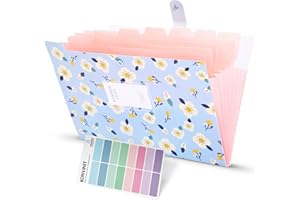 KONVINIT Cartella portadocumenti espandibile formato A4 Portatile Plastica con 8 Tasche Motivo Floreale Organizer per Documenti con Chiusura Tramite Bottone a Scatto,Blue