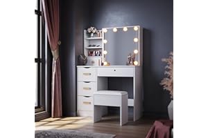 ELEGANT Dressing Table with 5 Drawers & 4 Shelves, Makeup Desk with Hollywood LED Lights Sliding Mirror, Large Storage White Vanity Table for Girls,Stool included