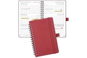 POPRUN Agenda 2025 Piccola Spirale 16 x 10,5 cm, Copertina Morbida, Planner 2025 Tascabile con Righello in Plastica, Pelle Vegana, Carta Spessa da 100 GSM, Borgogna