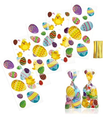 Sacchetti Regalo Pasqua 120 Pezzi - Cellophane Autoadesivo, 10x10cm, Con Motivi Conigli E Uova - Foto 2