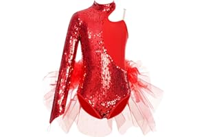 Alvivi Maillot de Gimnasia Rítmica para Niña de un Manga Larga Body Lentejuelas de Baile Latino Jazz Maillot con Falda Tutú Tul Disfraz de Bailarina Ballet 5-16 Años