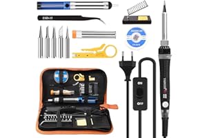 GRANTOP Zestaw do lutowania 14 w 1 z regulacją temperatury 200-450°C, włącznik/wyłącznik, 60 W/220 V, zestaw do lutowania z 5 końcówkami lutowniczymi, pompą rozlutowującą, cyną lutowniczą, pęsetą, stacją
