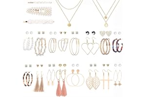 LOLIAS Ensemble de Bijoux Bohème à La Mode Pour Femmes Avec 32 Paires de Boucles D'oreilles En Acrylique à Boucles D'oreilles Colliers Avec Pendentif Ras De Cou Pinces à Cheveux En Perles
