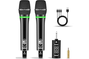 Bietrun Microphone Rechargeable sans Fil, UHF Double Micro Karaoké à Transmission de 50M avec Port 6,35 et 3,5mm, Récepteur Rechargeable pour Les Haut-parleurs, Tables de mixage, amplificateurs, etc