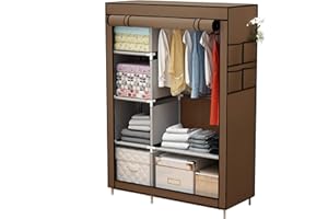 ACCSTORE Canvas Wardrobe Portable Wardrobe Clothes Storage With 6 Shelves and Hanging Rail,Brown