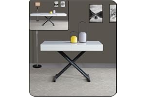 ‎VOLERO' VOLERO', ACHILLE LARGE,stolik kawowy z regulacją wysokości, zmieniający się w stół do jadalni, z regulacją wysokości, wielofunkcyjny stół do salonu (biały lakierowany, nogi szary)