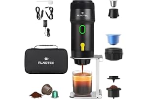 ALNOTEC Cafetière Expresso Portable-20 Bars-rechargeable-Machine a Cafe Portable-Auto-Chauffante- Compatible Capsules NES, DG & Café Moulu-chargeur USB, 220V et Voiture- Housse + Support. (Noir)