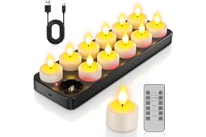 PChero Velas de té recargables con estación de carga y mando a distancia, 12 unidades de velas eléctricas LED recargables con función de temporizador para Halloween decoración de calabaza Navidad