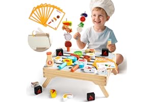 YOPTOTE Accesorios Cocina Juguetes Niño 3 Años ,45 PCS Juego de Parrilla de Barbacoa de Juguete Contiene , Montessori Juegos de rol Chef ,Comida Juguete de Madera, Regalo Niños 3 4 5 Años
