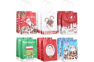 AVISKI Lot de 12 sacs cadeaux kraft de Noël 6 styles assortis Sacs en papier de Noël avec poignées Sacs cadeaux de Noël avec imprimés de Noël pour emballage cadeau de Noël Fournitures de fête de Noël