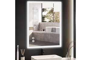 YOLEO Bathroom Mirror with LED Lights, 700x500mm Illuminated Bathroom Mirror, Wall Mounted Vanity Mirror with 3 Colors Dimmable, Anti-Fog, Touch Switch, Waterproof IP44, Horizontal/Vertical