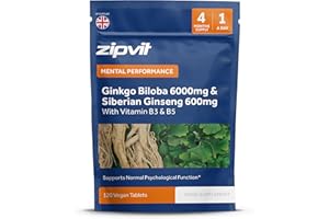 Zipvit Ginkgo Biloba 6000mg & Siberian Ginseng 600mg with Vitamins B3 & B5 Pouch, 120 Vegan Tablets, Supports Energy & Mental Performance, 4 Month Supply