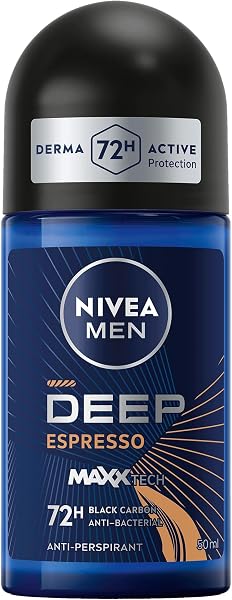 NIVEA MEN Antiperspirant Roll-on for Men, DEEP Black Carbon Antibacterial, Espresso Scent, 50ml