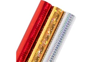 Holijolly Papier d'emballage en aluminium holographique - Mini rouleau - Flocon de neige rouge/cloche d'or/blocs d'argent pour Noël, vacances, anniversaire - 43,2 x 305 cm - 3 rouleaux