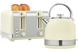 HOMCOM Ensemble bouilloire et grille-pain 2200 W, bouilloire en inox 1,7 L avec isolation et grille-pain 4 tranches, 7 niveaux de brunissage, décongélation, réchauffage et plateau à miettes, crème