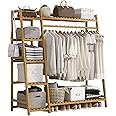 Uptyia Garment Rack,Bamboo Clothes Hanging Rack with Side Hooks, Heavy Duty Clothing Rack (Style B-110CM, Natural)