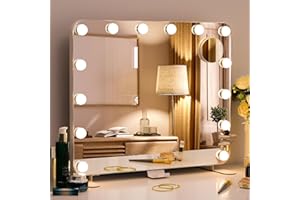 MAMIZO Podświetlane lusterko do makijażu, Lustro Hollywood, Lustro LED, 60x50 cm, 14 regulowanych żarówek LED, Podświetlane lustro Toaletka z 3 kolorowymi światłami, Sterowanie dotykowe, Lustro ścienne