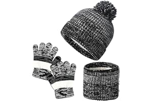 Fiohiros 3Pcs Kids Winter Hat Scarf Gloves Set, Knit Warm Fleece Lined Kids Hat and Scarf Set, for Boys and Girls 4-10 Years