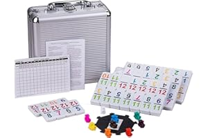 DOUBLEFAN Domino Set für Erwachsene, Double Twelve Mexican Train Domino Spiel mit Number Dot, Klassisches Domino Set mit Aluminium Koffer, 1 Domino Hub, 9 Bunte Züge, 91 Domino Steine, (2-8 Spieler)