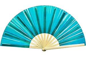 Gionforsy 1 x Rave-Handfächer aus Bambus, großer faltbarer Fächer mit hellen Farben, Stoff-Faltfächer für Festivals (1PC-Style4 Seeblau)