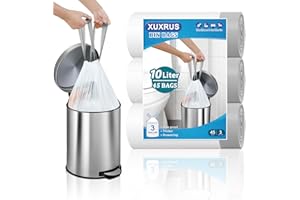 XUXRUS 10L Drawstring Bin Liners - 45 Strong White Trash Bags with Tie Handles for Bathroom, Kitchen, Office, and Bedroom Pedal Bins