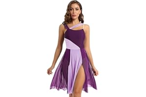 IEFIEL Robe Justaucorps Danse Contemporaine Femme Lyrique Adultes Tunique Danse Patinage Artistique Performance Taille M Longueur Genou