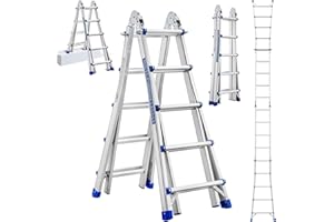 STANEW Scala Singola in Alluminio Multiuso 5,1m 4x5 pioli, Scala Multifunzione Telescopica Professionale, Pieghevole, Cavalletto di Prolunga, a Gradini e Bifacciale, Portata Max 150 Kg