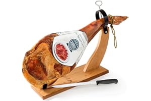 ‎JAMON.DE Schinken-Set mit Schinkenständer und Messer | Serrano-Schinken Paleta Reserva Barrica | Vorderschinken aus Spanien | 12 Monate luftgetrocknet und gereift | Von Jamones España | Stückgewicht 4,5kg