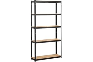 Yaheetech Étagère de Rangement 180 x 90 x 30 cm Étagère Garage à 5 Niveaux avec Cadre en Métal Tablette en Bois MDF Réglable en Hauteur Domicile Magasin Bureau Entrepôt Noir