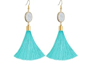 mookaitedecor Tassel Drop Earrings for Women, Long Dangle Hook Fringe Earrings Fashion Jewellery with Plastic Bead/Titanium Coated Crystal