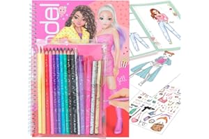 Depesche 11389 TOPModel - zestaw kolorowanek z 76 strojami do kolorowania i tworzenia modnych stylów i strojów, zeszyt do malowania łącznie z 10 kredkami, 4 pisakami żelowymi, 2 arkuszami naklejek i