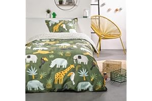 TODAY Parure de Lit 3 Pièces Animaux de la Savane, 100% Coton 57 Fils, Housse de Couette 140x200 cm + Taie d'oreiller 63x63 cm + Drap-Housse 90x190 cm