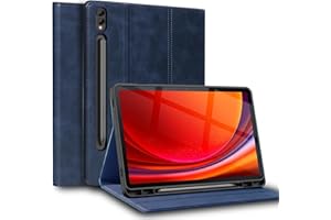 Gexmil Echtes Leder Hülle für Samsung Galaxy Tab S8+ Plus,S7+ Plus/S7 FE 12.4 Zoll,mit Stylus Halter,Automatischer Schlaf/Aufwachen,Smart Folio Cover Stoßfest rutschfest,Einstellbarer Ständer,Blau
