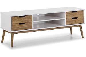 VS Venta-stock Mueble TV Java 1 Puerta y 2 cajones Blanco/Cera, Madera de Pino, 140 cm Ancho, 40 cm Profundo y 52 cm Alto