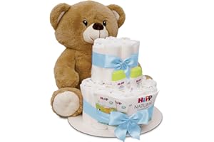 MilaBoo® - Torta di pannolini, blu, da bambino, con un grande orsacchiotto morbido, per neonati, torta con pannolini e prodotti