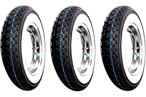 3 ruedas completas ya montadas para Vespa LML Star 125/150/200 con3 tapacubos, 3 neumáticos Kenda K 333 con banda blanca DOT 2016, medida 3,50-10 51J 4PR, 3 cámaras de aire Kenda con llanta cromada RMS.