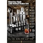 Transformacion 550 ml Kokteyl Shaker Seti 24 Par&ccedil;a Siyah Akrilik Standlı Profesyonel Paslanmaz &Ccedil;elik Metal Buz K&uuml;pl&uuml; Ev Barı 