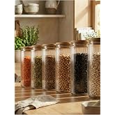 leelaHOME Bambu Kapaklı Cam Saklama Kabı Seti, Şeffaf, 2000 ML, 11cm x 21cm, Vakumlu Kapak, 6'lı Set