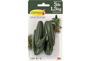 Command Medium Designer Hooks, Rosemary Green, 4 Hooks 6 Strips – Christmas Décor Hanging, Damage-Free Adhesive, No Tools Needed, for Stockings, Wreaths & Seasonal Home Decorations, Holds up to 1.3 kg