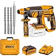 Ingco Cordless Hammer Drill Machine With Larger Battery And Charger, With Drill Bits And Chisel, Demolition Hammer, Sds Plus Chuck, Multicolor