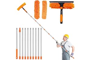 GARQITWAN 4.5M Fensterreiniger mit Teleskopstange, Teleskop Fensterwischer mit Silikon Fensterabzieher und Mikrofaserschrubber, Langem Stiel Fensterputzer Set für Bad, Dusche, Glas, Spiegel, Auto, Orange(4.5M)