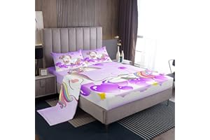 LOUSSIESD Set di lenzuola, motivo unicorno e cuore, viola, per bambini, ragazzi, adolescenti, arcobaleno, magico, animale, fantasia, unicorno, 4 pezzi, per letto king size