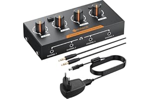 Neoteck Amplificatore per Cuffie 4 Canali Stereo con Controlli di Volume Amplificatore 4 Canali Audio Mono/Stereo in Metallo con Cavo Audio da 3,5 mm per Piccole Band Club Bar Mixer da Palco