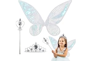 Ailes de Fée, Ailes de Papillon, Ailes de Fée Enfant Fille, Ailes D'elfe, Ailes de Fée Déguisement pour Carnaval, Ailes de Fée Adulte Costume + Baguette Magique + Couronne Princesse (Blanc)